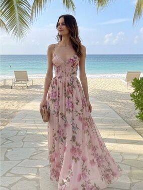 Dress Forum Pink Floral Spaghetti-Strap Corset Maxi Dress Medium